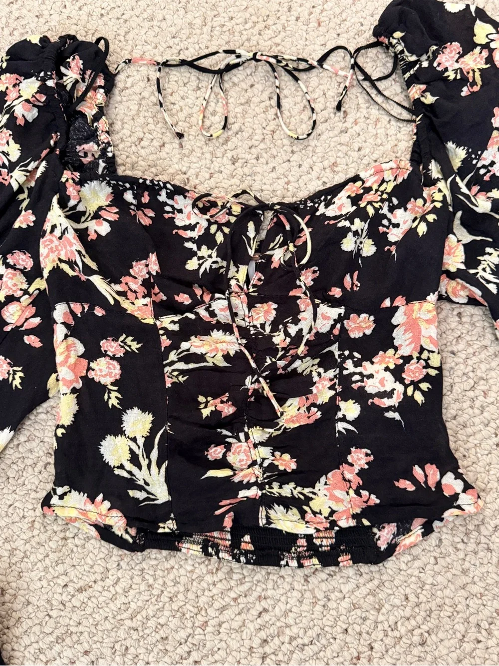 Free People NWT Hillary Top Floral Milkmaid Puff Sleeve Lace Up Crop Top XS